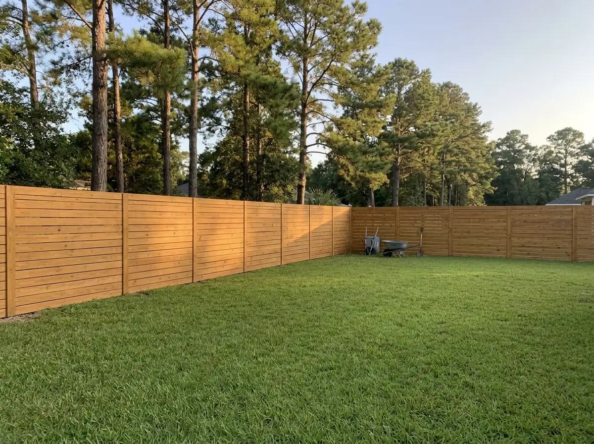 A stained pine fence with long horizontal boards around a backyard with St. Augustine grass