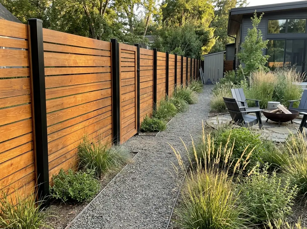 A horizontal slat wood fence with black metal posts behind a modern backyard with grasses and a fire pit