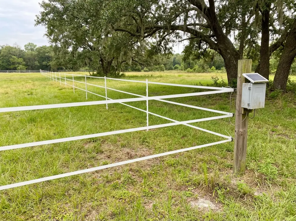 Wide white electric tape strands on step-in posts dividing a grassy horse paddock