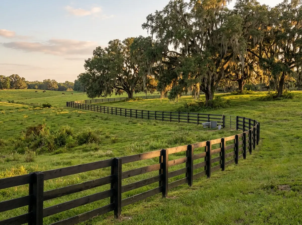 A black-painted four-board wood horse fence curving along a pasture under live oaks