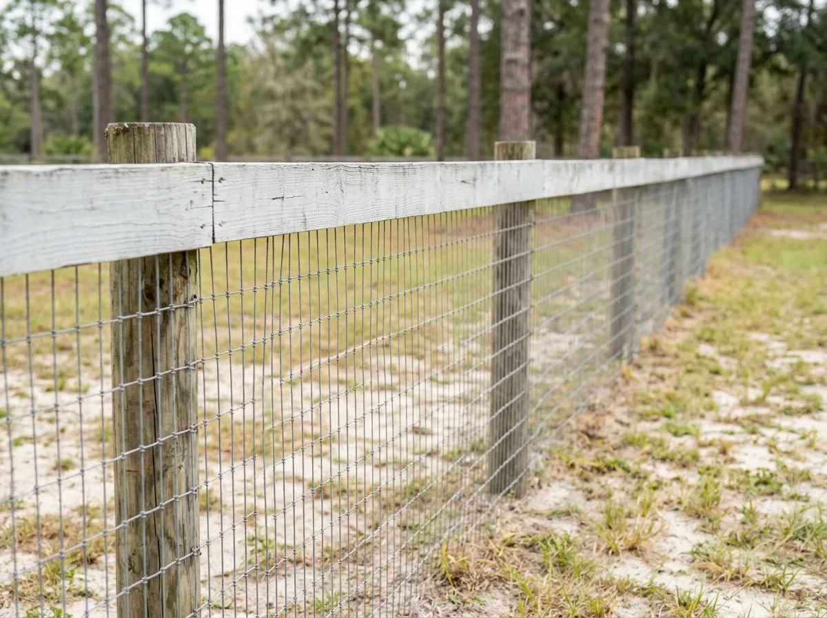A no-climb horse wire fence with small rectangular openings and a wood top board along a paddock