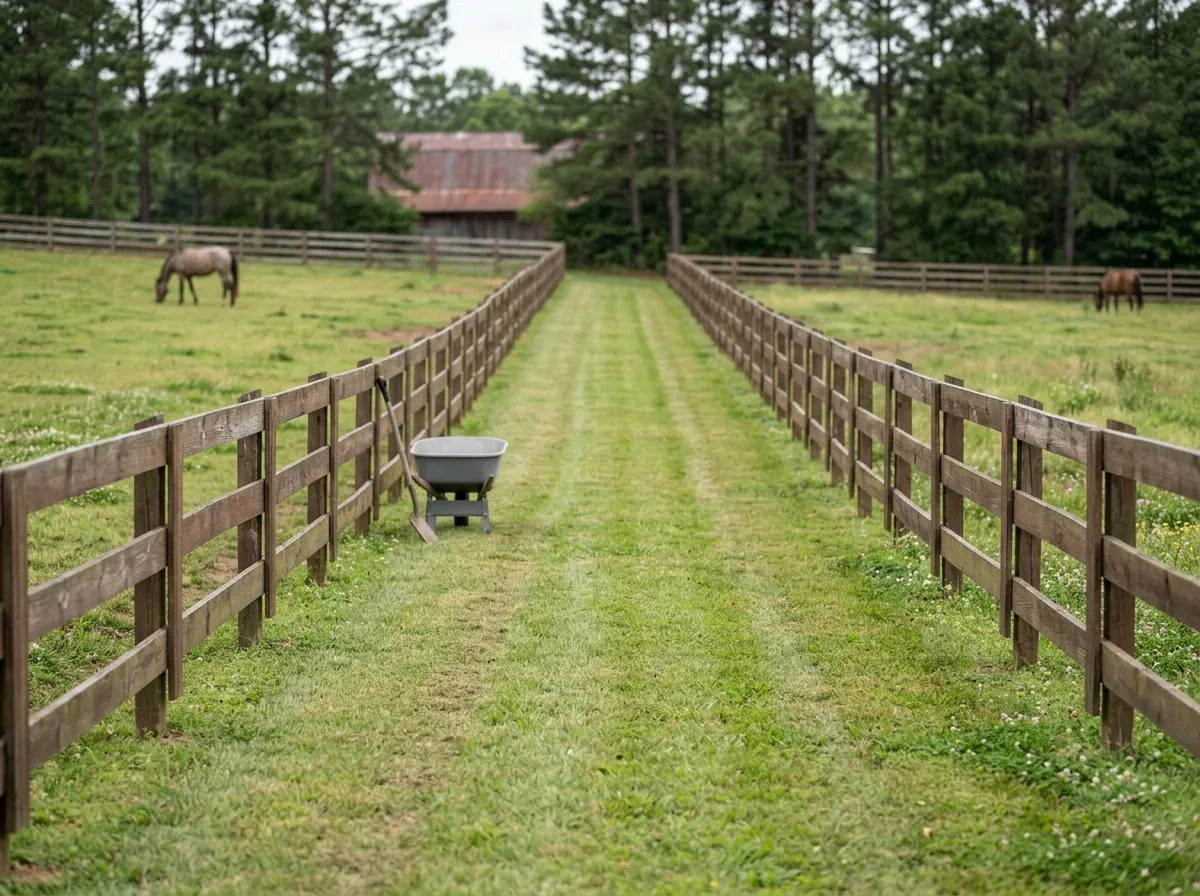 Two parallel board fences with a grass alley between neighboring horse paddocks