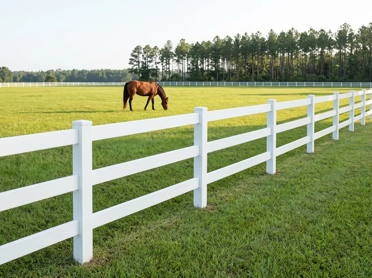 A white three-rail vinyl horse fence along a mown pasture with a bay horse grazing nearby