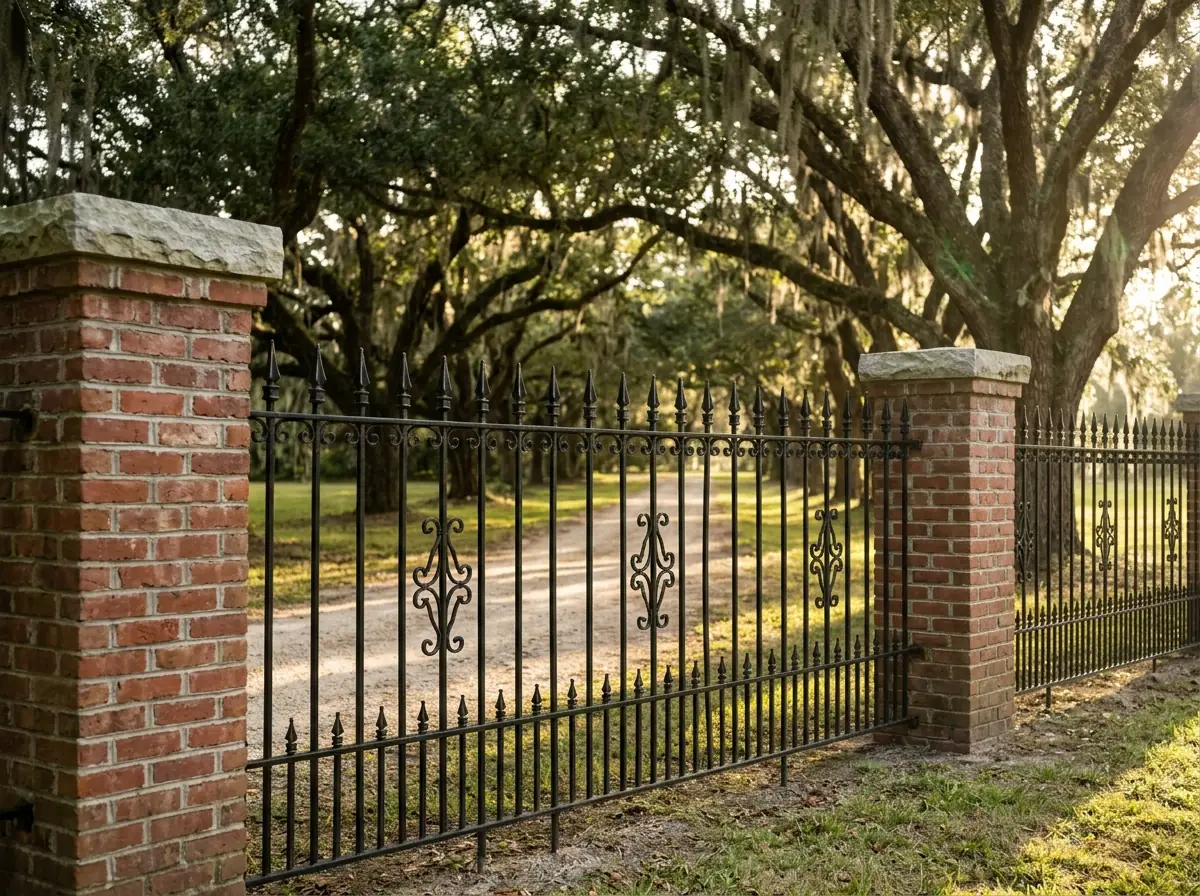 A black ornamental steel fence with spear tops between brick columns in front of an oak-lined driveway