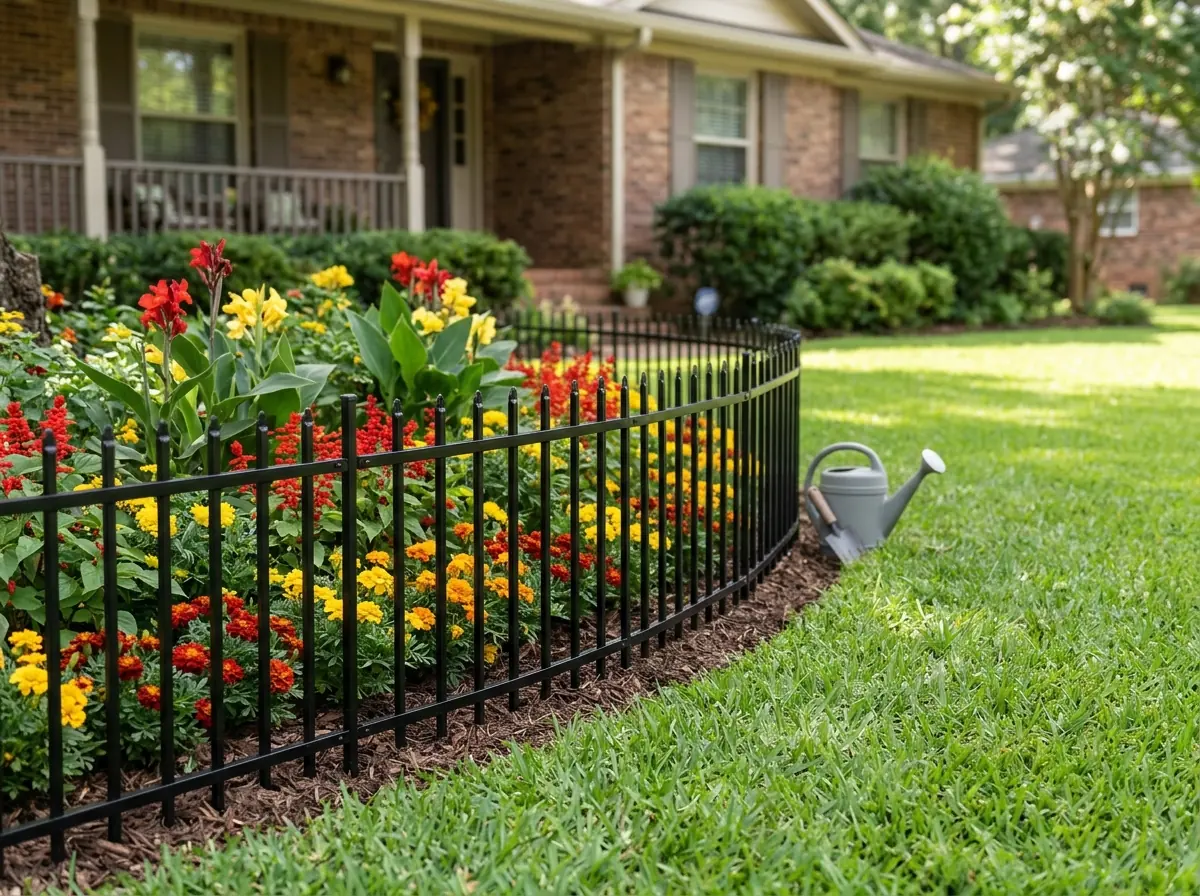A low black aluminum picket fence edging a front flower bed and lawn