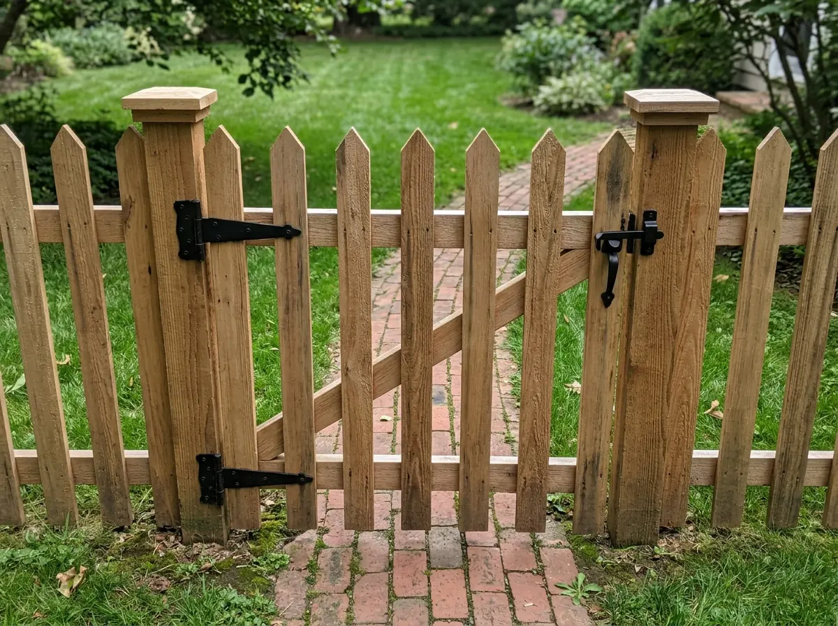 A natural cedar picket gate with a black latch between capped posts