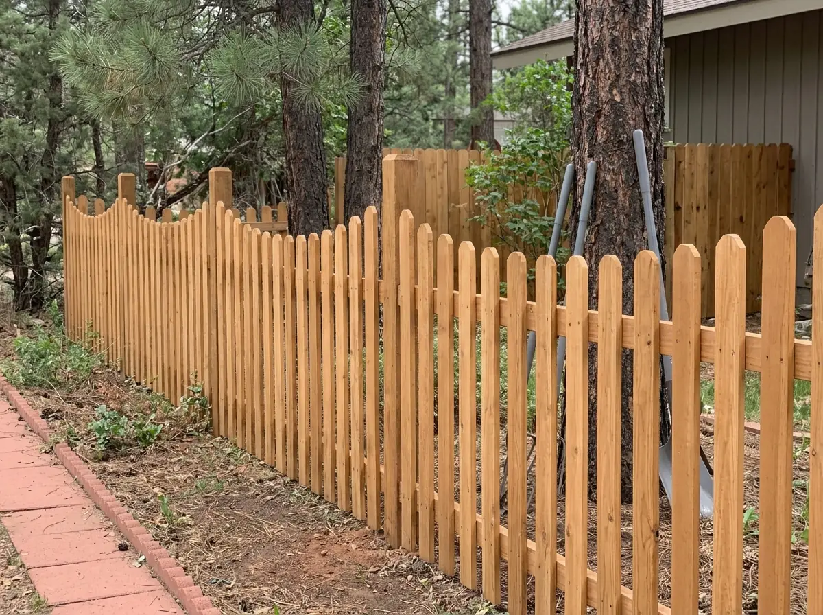 A wood picket fence whose pickets dip between posts in a scalloped line