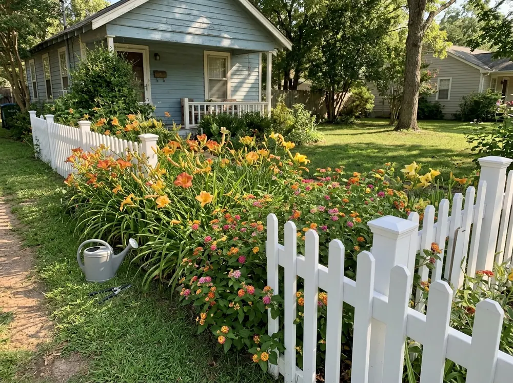 A white PVC picket fence with square posts in front of a cottage garden bed