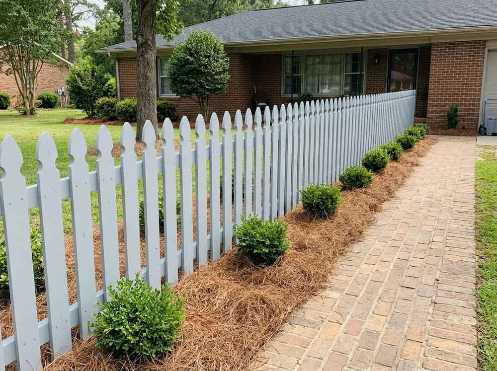 A painted wood picket fence with French Gothic picket tops along a front walk
