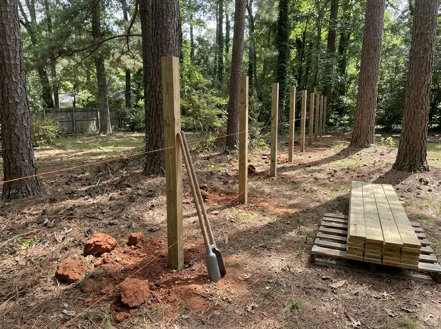 A row of freshly set pine fence posts with a string line, a post-hole digger and a stack of new boards in a shaded backyard