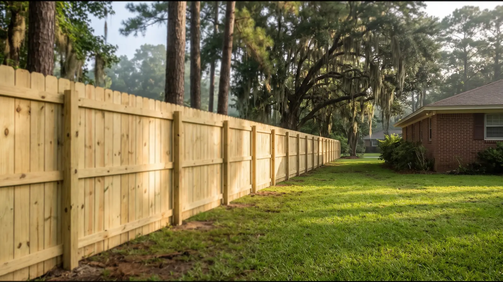 A new six-foot pine privacy fence with dog-ear pickets along a grassy backyard, with tall pines and a live oak hung with Spanish moss behind it