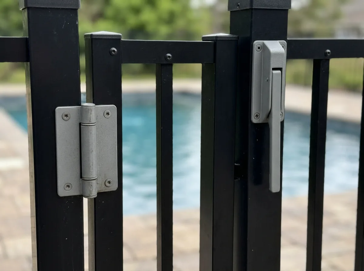 A close view of a pool fence gate with a self-closing hinge and a raised magnetic latch