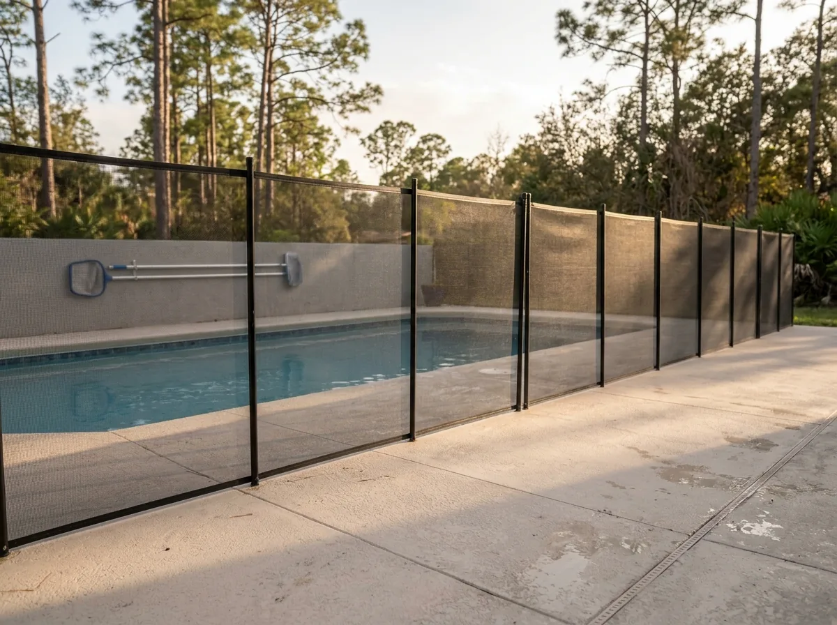 A removable black mesh pool safety fence on poles set into a concrete pool deck