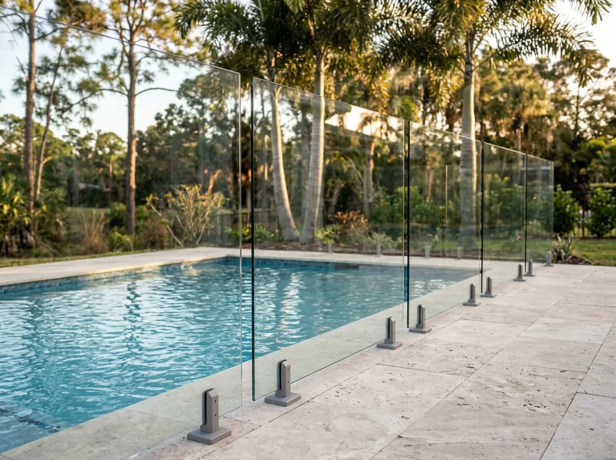Frameless tempered glass pool fence panels along the edge of a pool deck