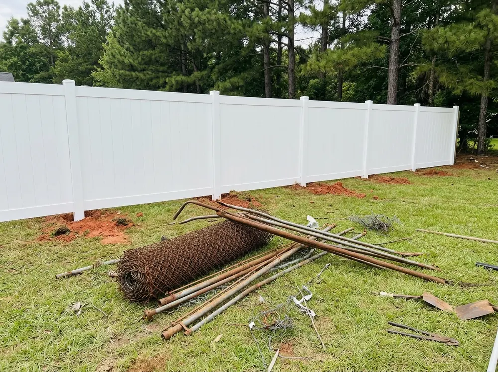 Rolled-up old chain link fabric on the lawn beside a new white vinyl privacy fence