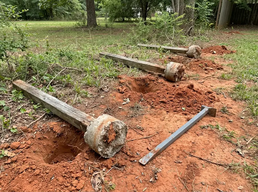 Old fence posts with concrete footings still attached lying beside the holes they came out of