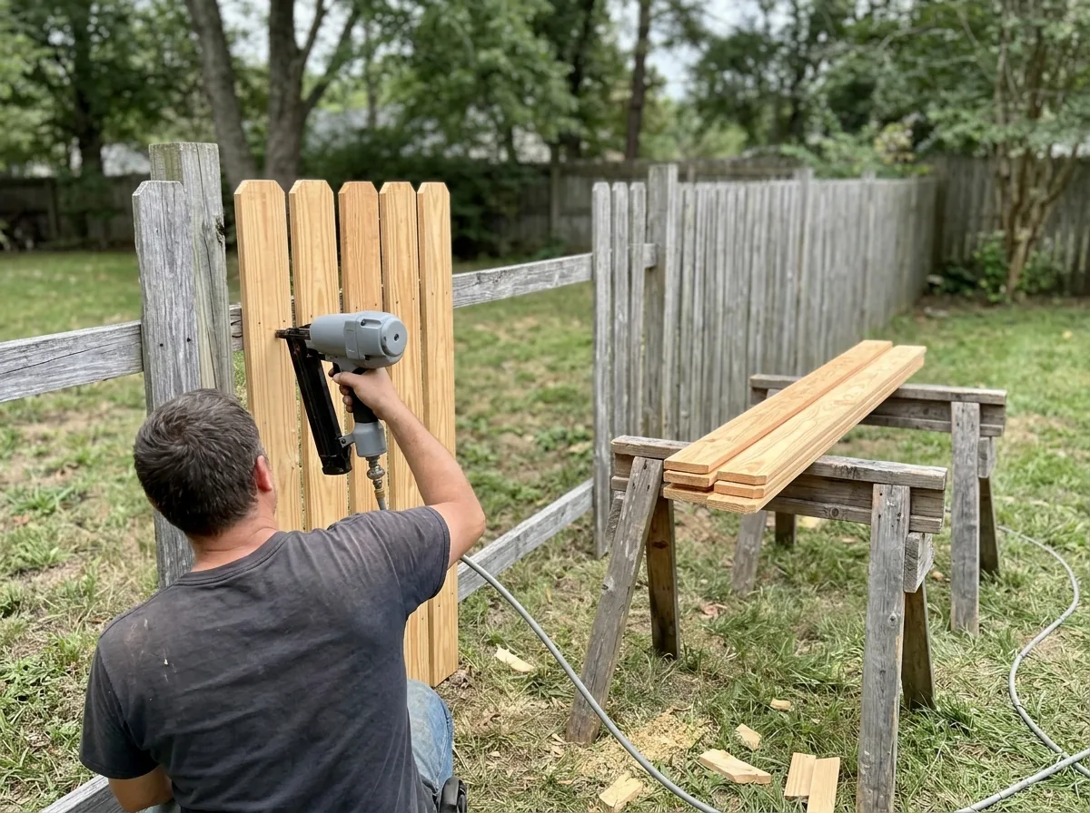 New pine boards being fastened to existing fence posts and rails along a backyard line