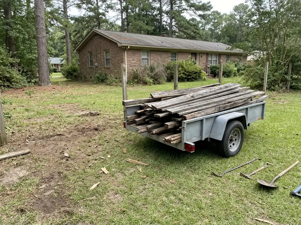 Gray weathered fence boards stacked on a trailer after an old wood fence was torn out of a backyard