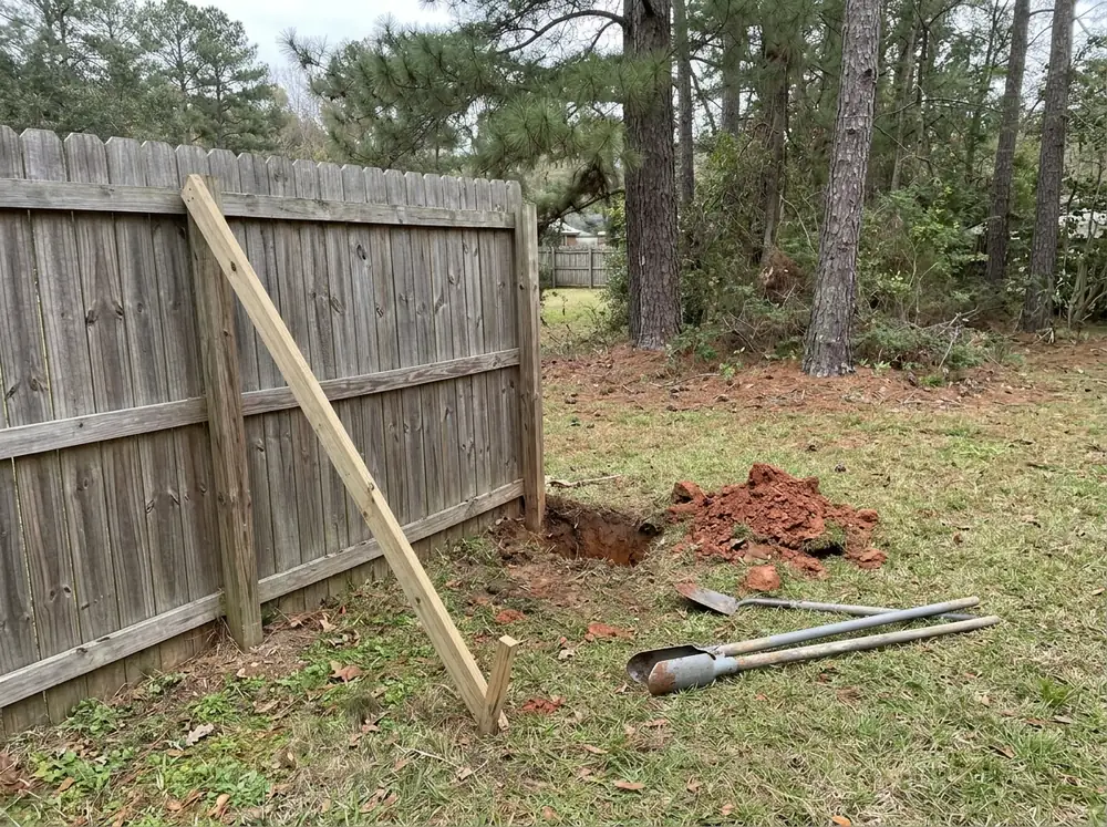 A leaning section of wood privacy fence propped with a brace while a new post is set