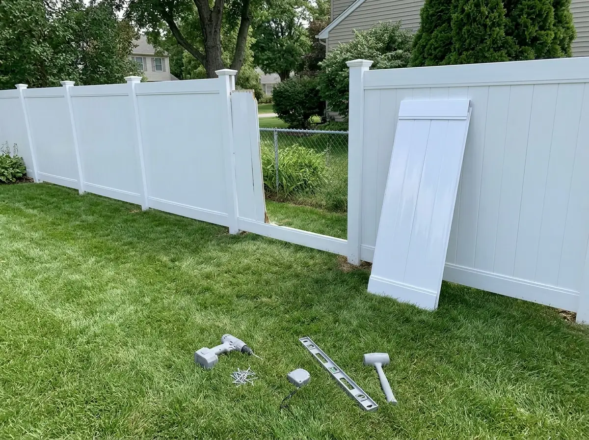 A white vinyl privacy fence with one cracked panel removed and a new panel leaning beside it
