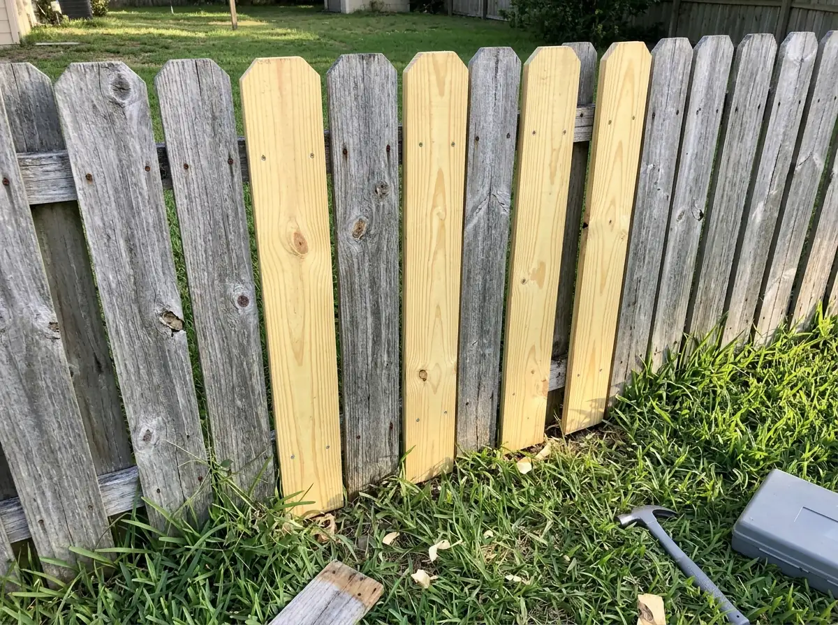 A weathered wood fence with several new pale pine boards nailed in to replace broken ones