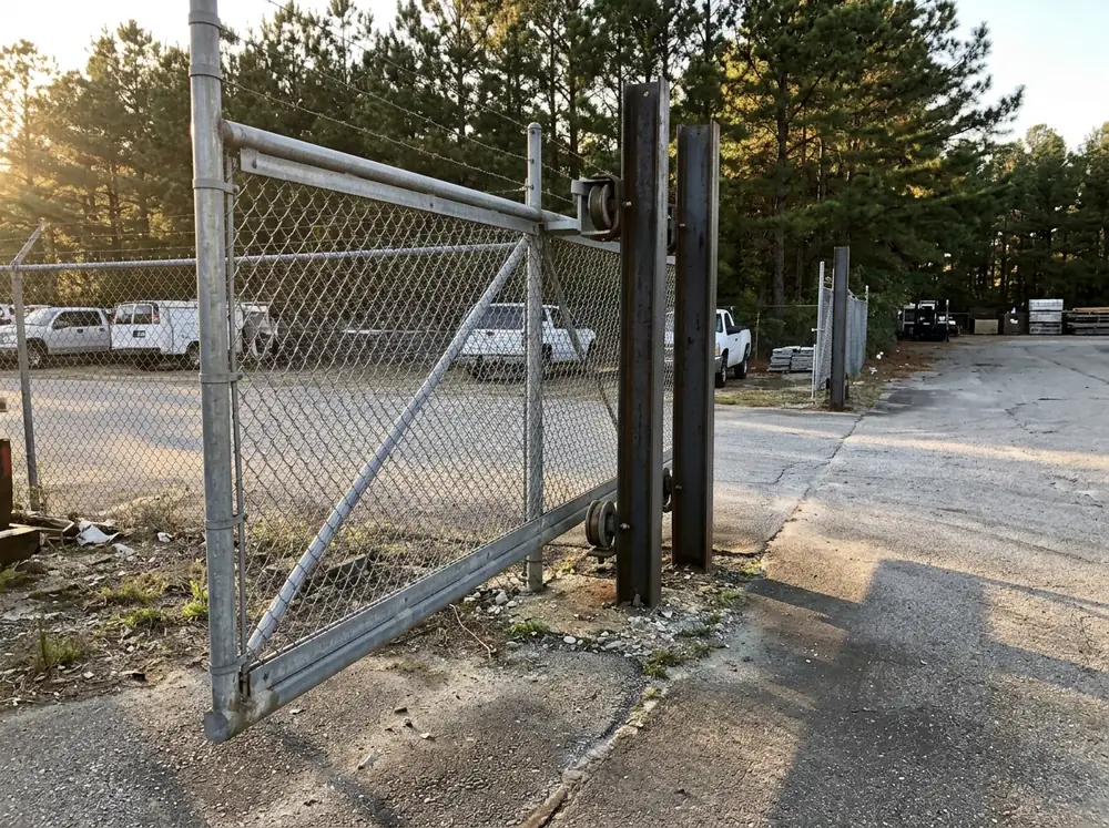Galvanized cantilever slide gate on roller posts across an industrial yard entrance