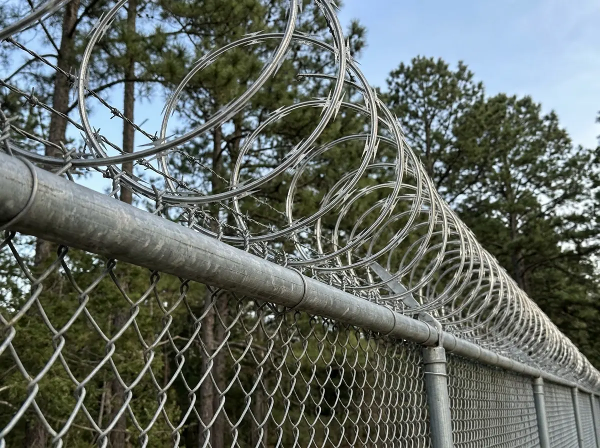 Coil of concertina razor wire along the top of a tall chain link fence