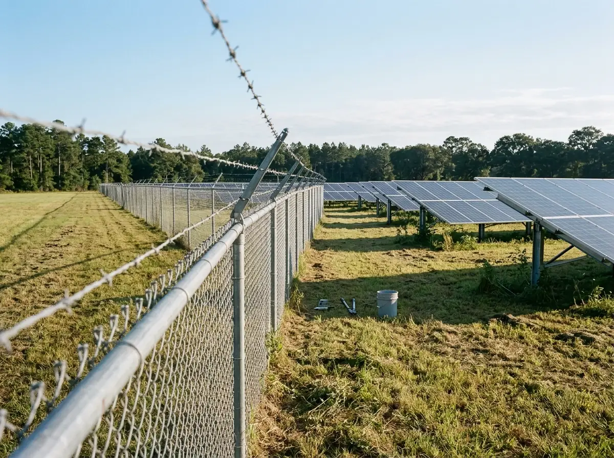 Chain link perimeter fence with a barbed wire top around rows of ground-mounted solar panels