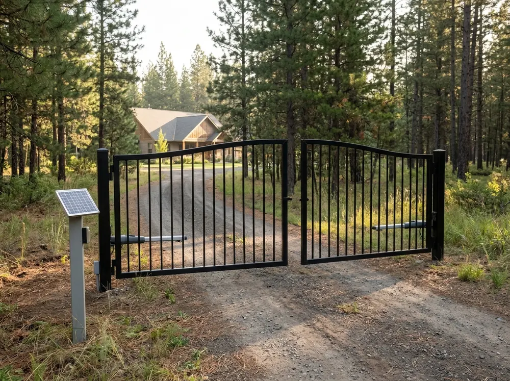 A black steel double swing driveway gate with an automatic opener and a solar panel on a gravel drive among pines