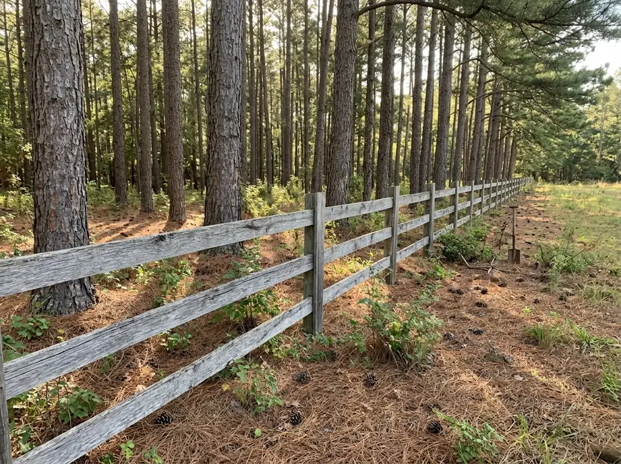 A weathered three-rail split rail fence running under tall pines along a property line
