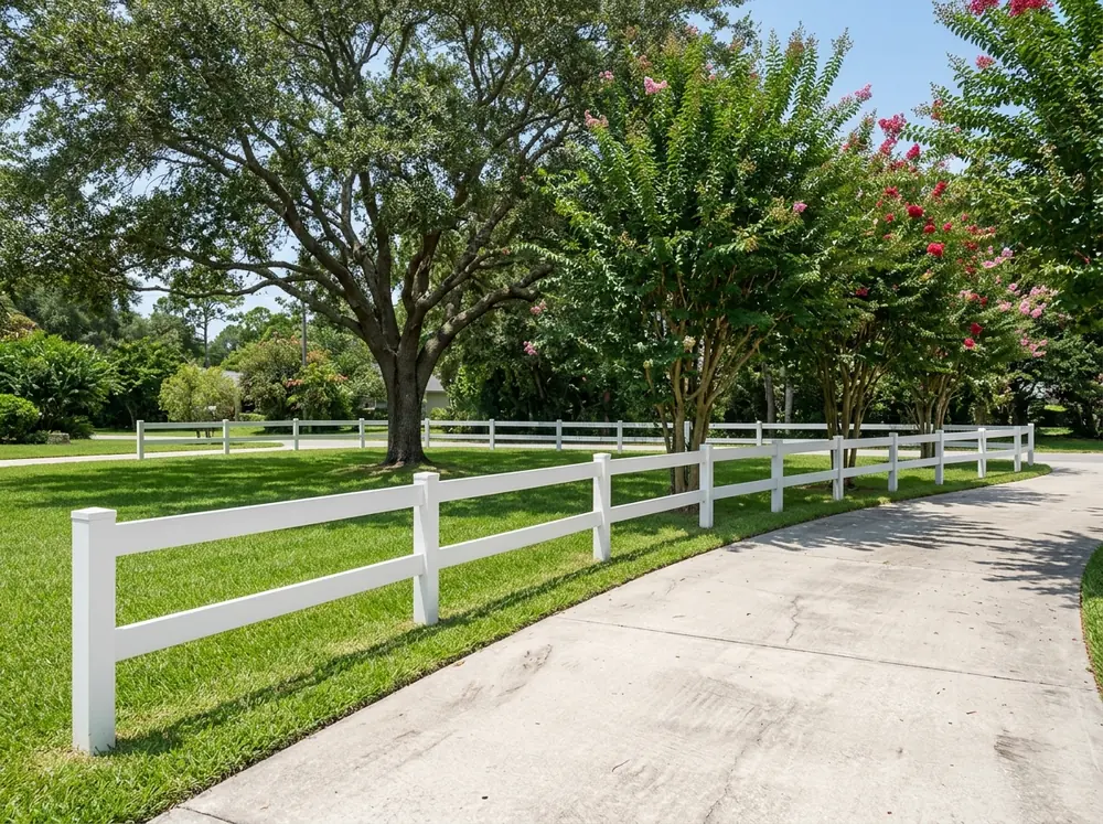 A white vinyl split rail fence with two rails along a curved driveway lawn