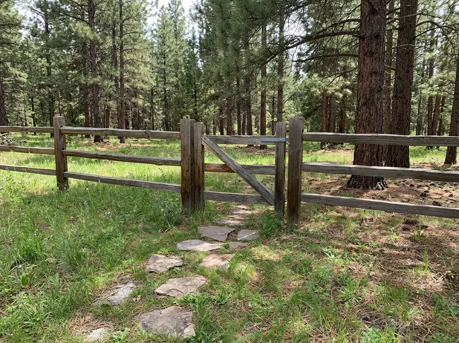 A wooden split rail walk gate with a simple latch set between two split rail sections