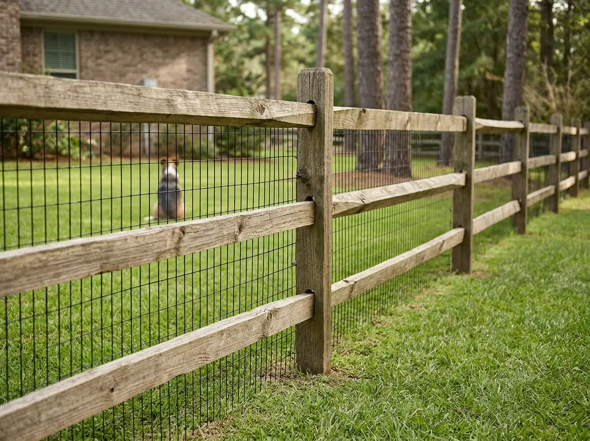 A split rail fence lined with black welded wire mesh around a grassy backyard