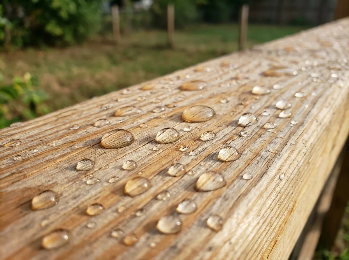 Water beading on a pine fence board freshly coated with a clear water-repellent sealer