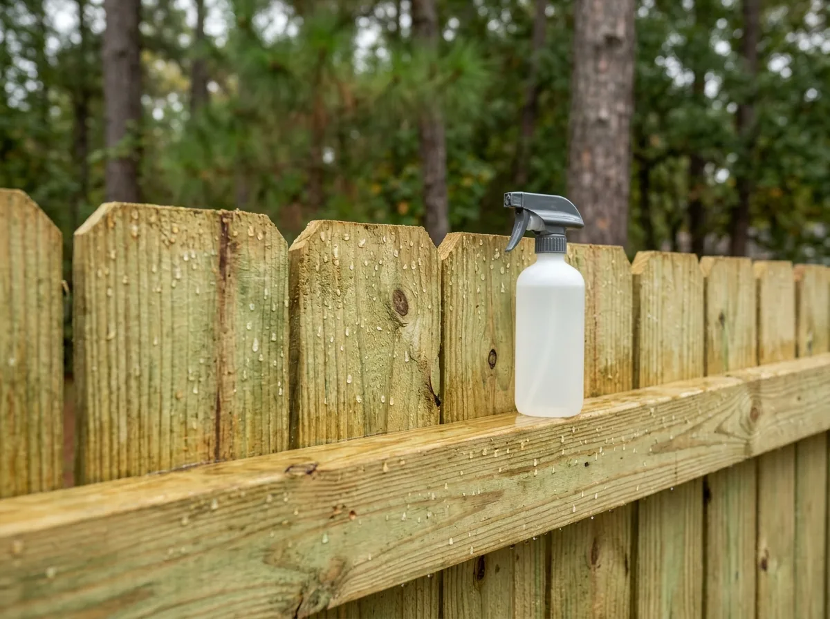 Water drops sitting on the surface of new pressure-treated pine fence boards