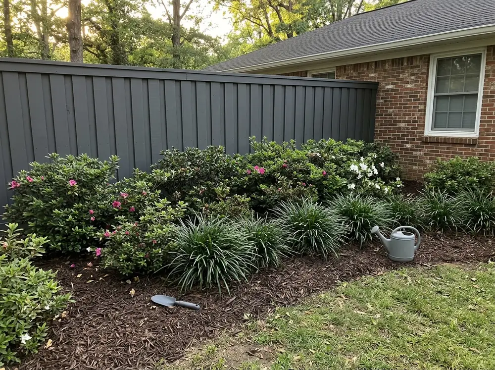 A board-on-board fence finished in an opaque charcoal gray solid stain beside a flower bed