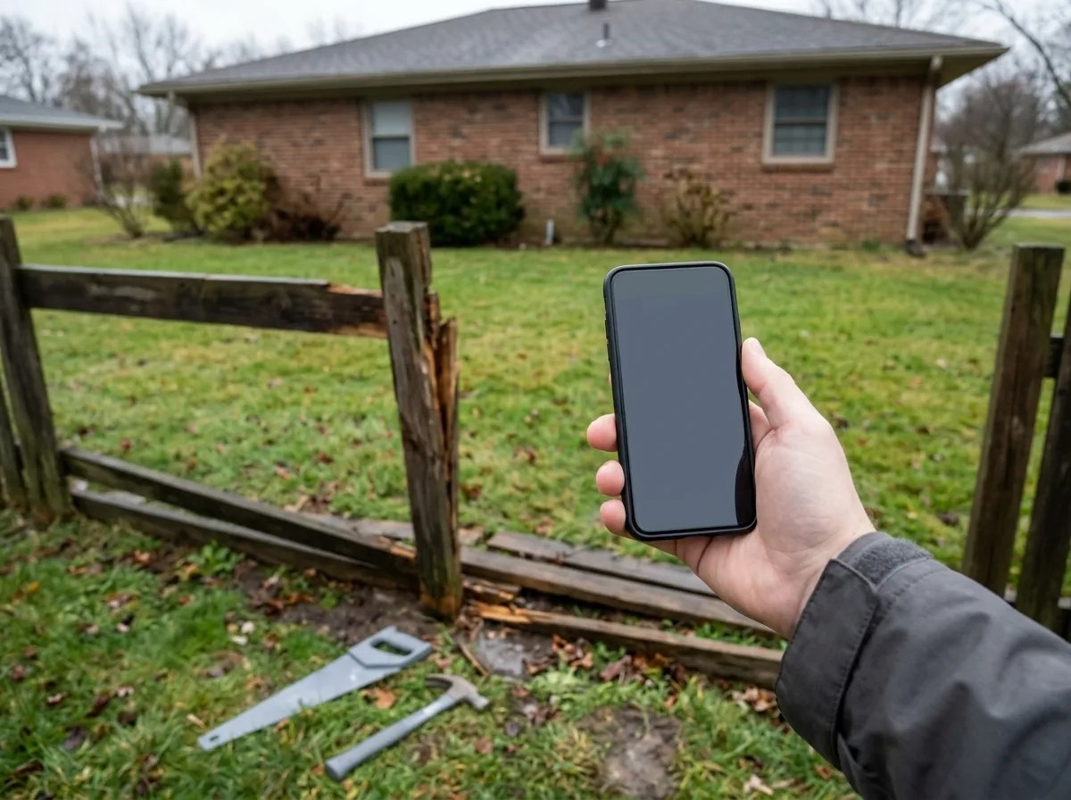 A phone held up to photograph a broken fence post and fallen boards for an insurance claim