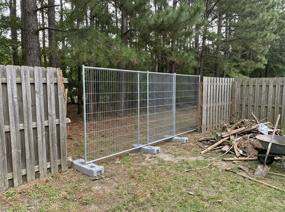Temporary wire fence panels on stands closing a gap where a backyard fence blew down