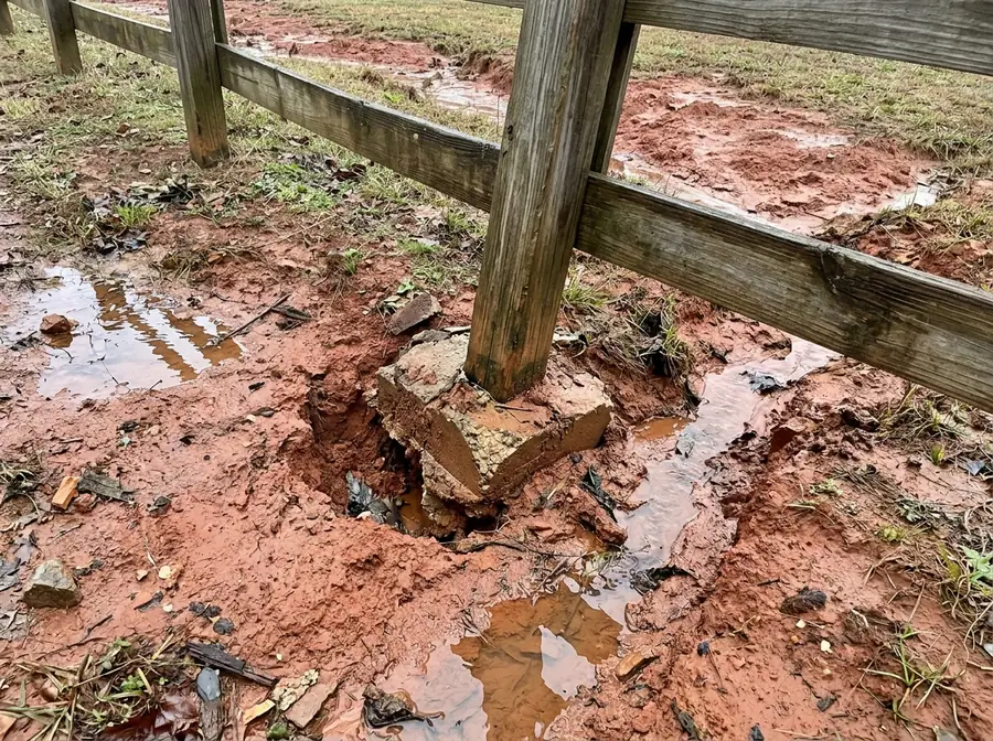A fence post leaning out of a washed-out hole in red clay after heavy rain