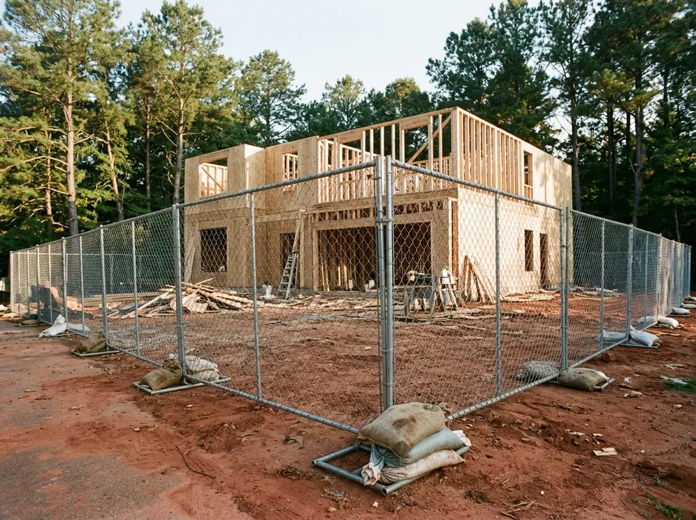 Temporary chain link fence panels on weighted stands around a house under construction