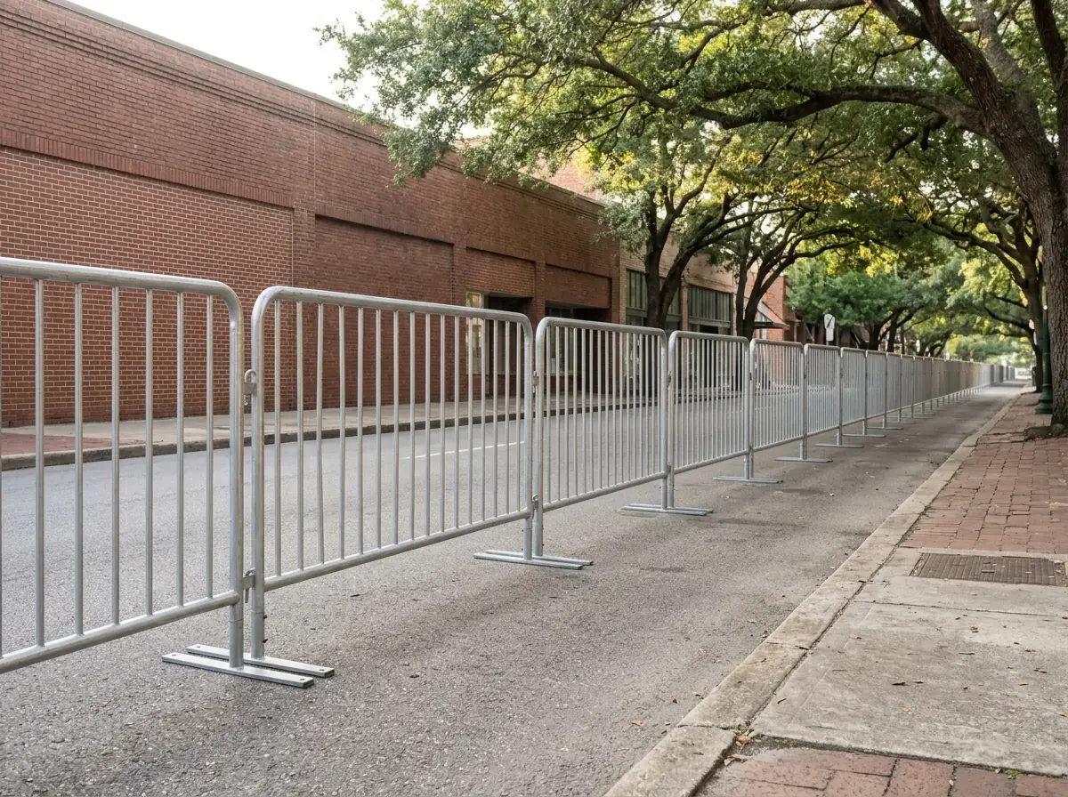 Row of interlocking steel barricades lining a closed street for an outdoor event