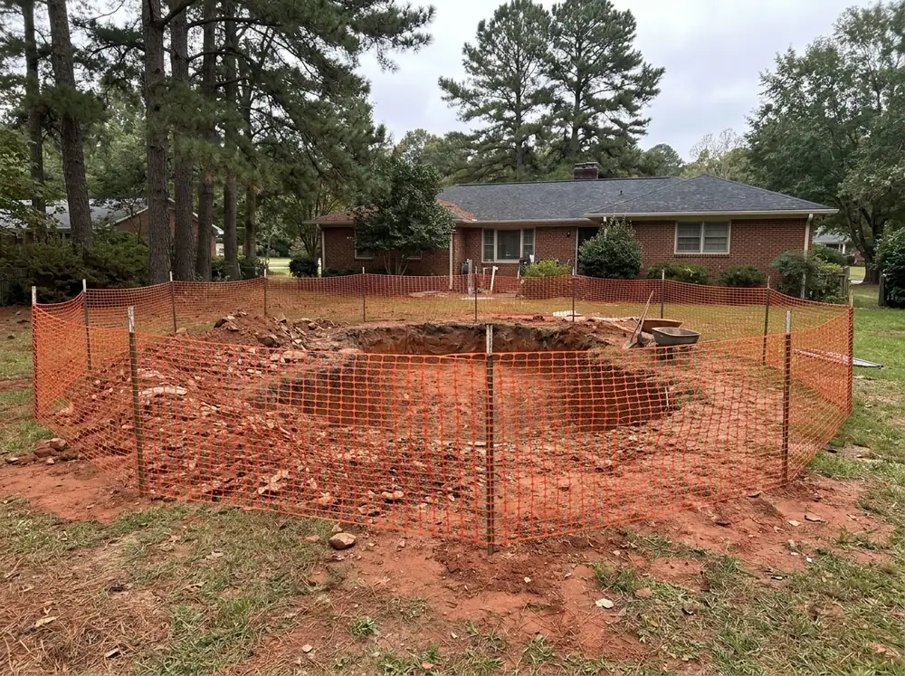 Orange plastic safety mesh fence on driven posts around an excavated area on a red clay lot