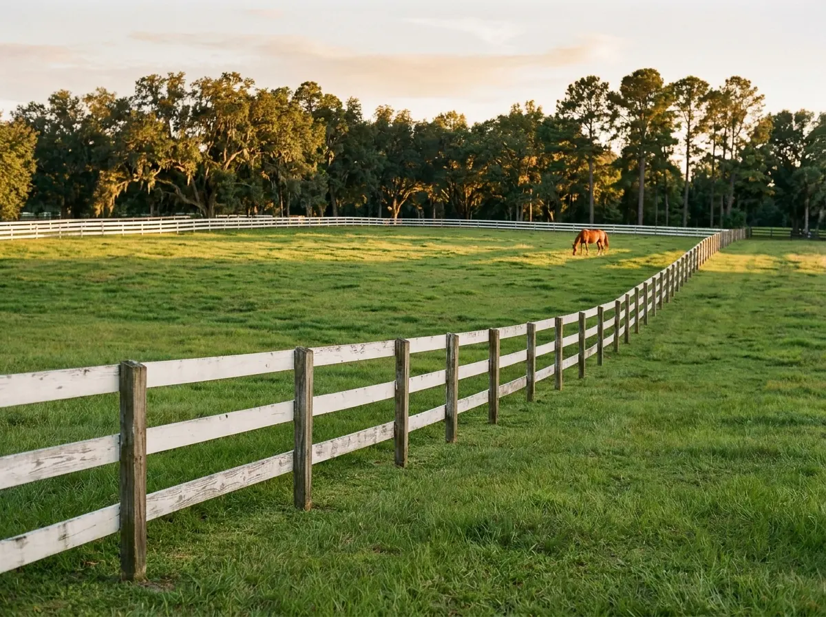 A white three-board horse fence along a rolling green pasture with a horse grazing in the distance