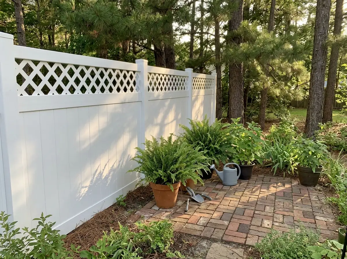 A white vinyl fence with a solid lower panel and a lattice top beside a patio garden