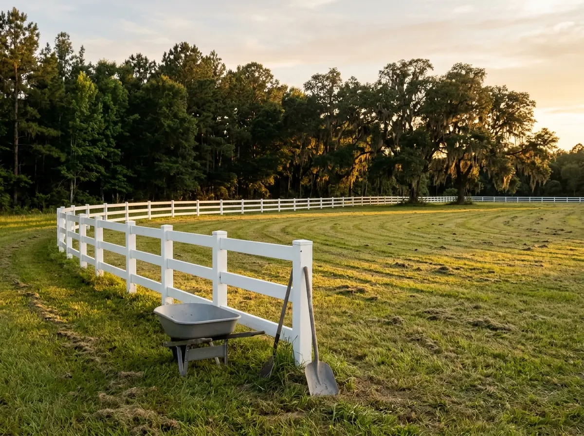 A white three-rail vinyl ranch fence along a mown field edge