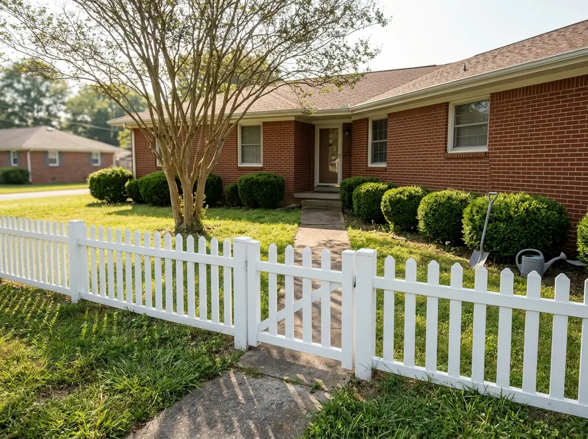 A white vinyl picket fence with a small gate across a front walk