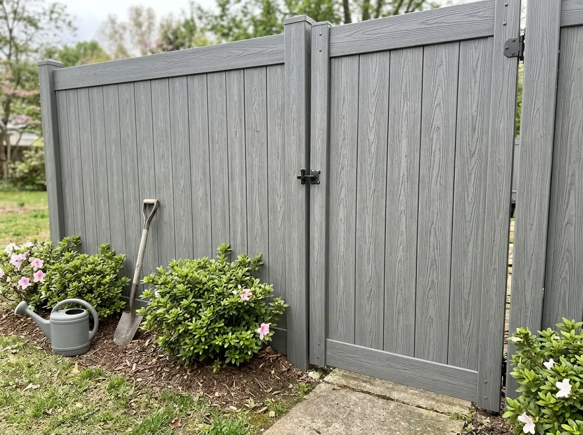 A gray wood-grain textured vinyl privacy fence with a matching gate