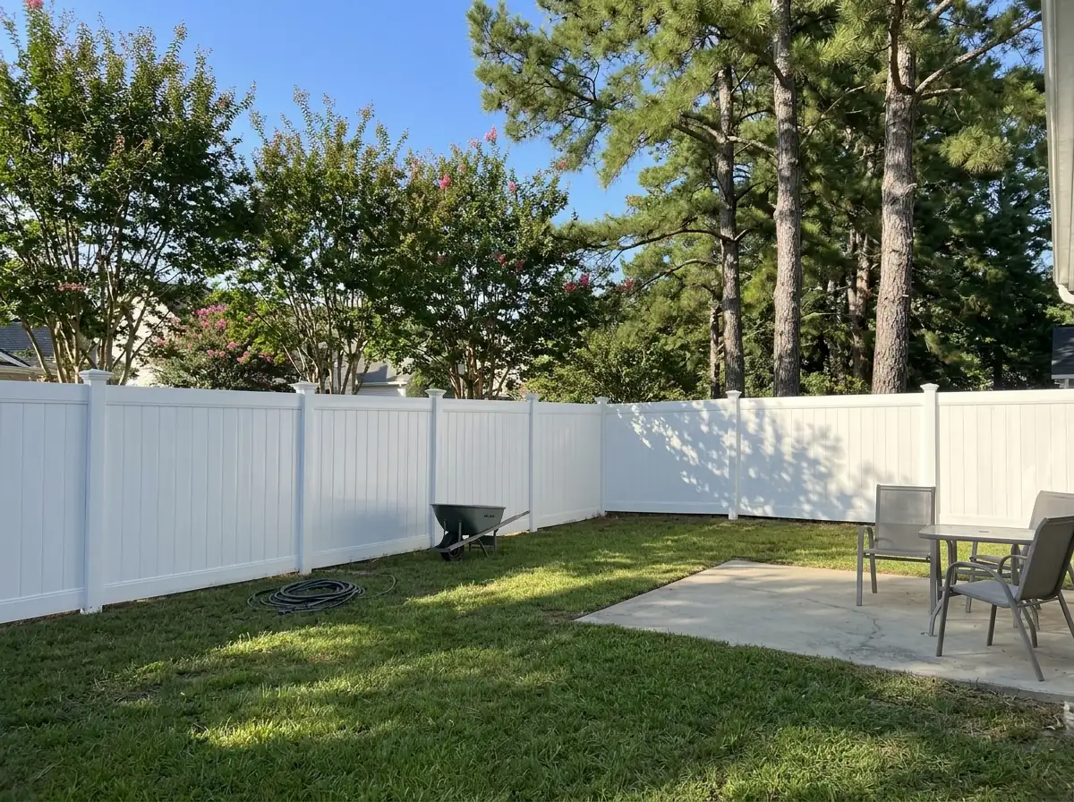 A white vinyl privacy fence with post caps around a backyard lawn and patio