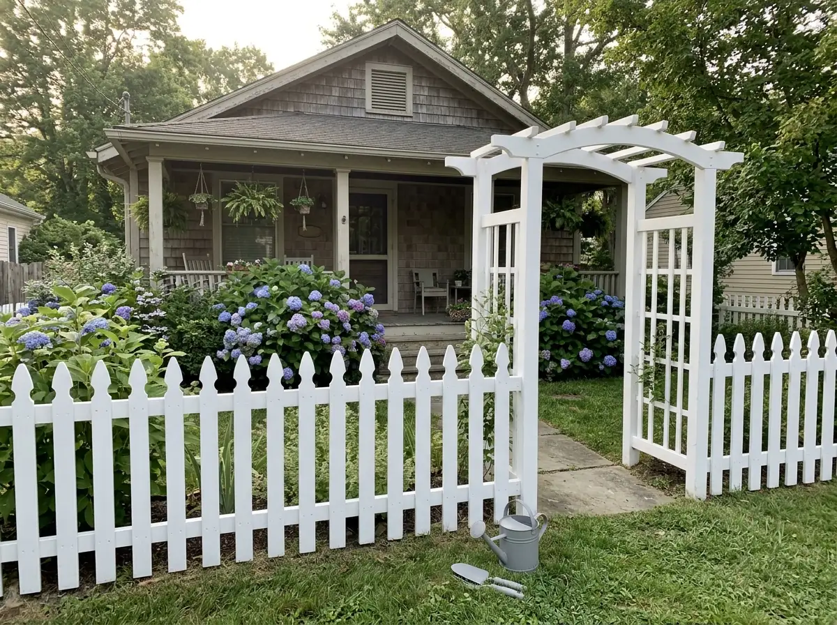 A white wooden picket fence with an arbor gate in front of a bungalow with a porch and hydrangeas