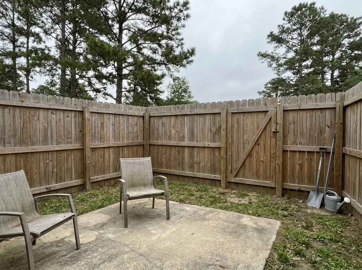 An 8-foot pine privacy fence enclosing a backyard patio with a tall gate